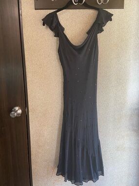 Vintage 90 y2k silk black express dress flutter sleeve ruffle prom formal 1/2